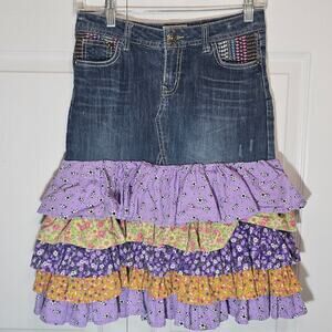 Mudd Jeans Girls 12 Denim Patchwork Ruffle Skirt Y2K Bohemian Western‎ Excellent